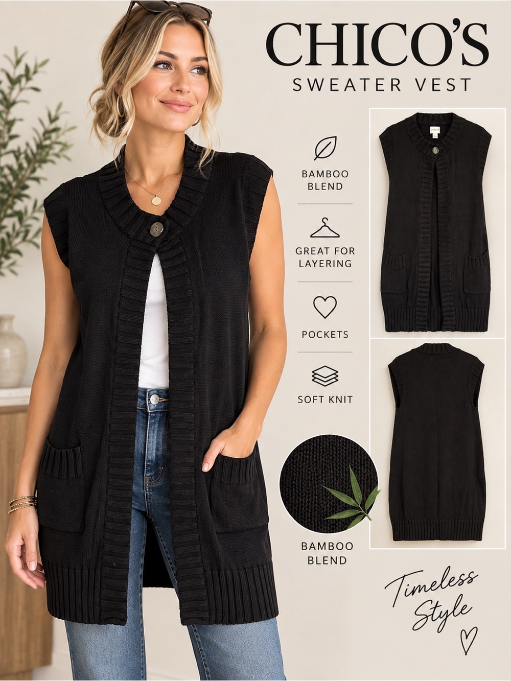 Chico's Size 0 Small Black Bamboo Knit Long Sweater Vest Cardigan Pockets